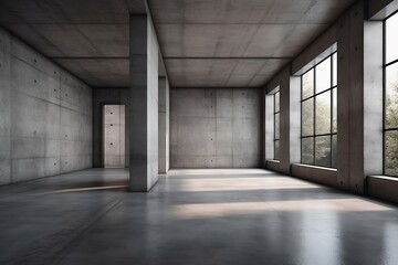 Contemporary Concrete Space with Open Layout and Nature Views, Mockup, AI Generated