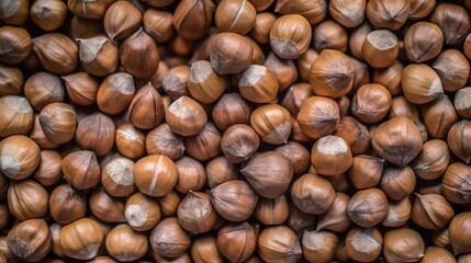 Close up of many hazelnuts. Generative AI