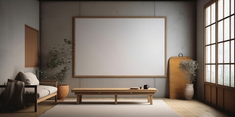 Japanese Modern Living Room with Empty Blank Painting Frame Mock-up, AI Generated