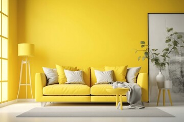 Sunny Yellow Monochromatic Modern Living Room Interior Design Mockup, ai generated