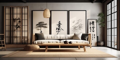 Minimalistic Japanese Living Room with Wooden Details and Serene Paintings, AI Generated