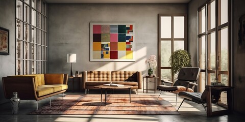 Elegant Bauhaus Living Room with Large Windows and Natural Light, AI Generated