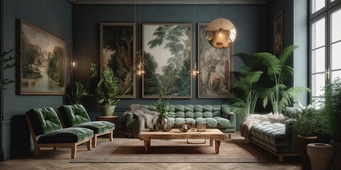 Boho-Scandinavian Fusion: Modern Living Room with Plants and Paintings, AI Generated