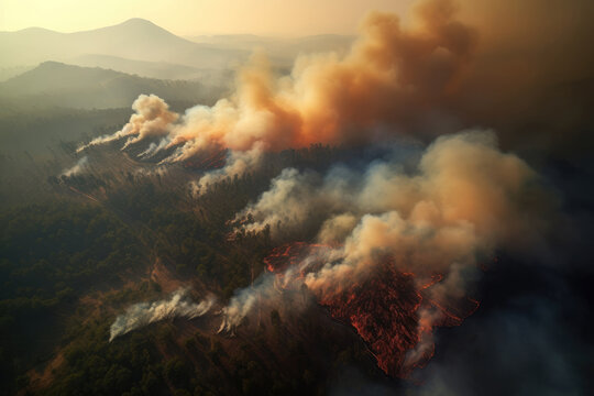 Aerial photography of a massive forest fire in the Canada 2023. Drone top view of wildfire with smoke and burning trees. Ecological catastrophe. 6K high resolution image. Generative AI