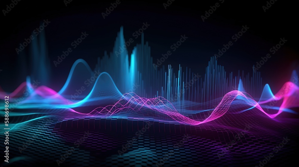 Poster sound waves oscillating with the glow of light, abstract technology background