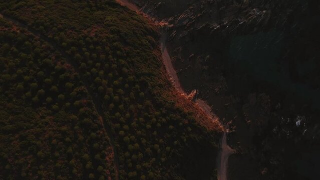Beautiful aerial drone footage over Canakkale at sunset. Turkey.