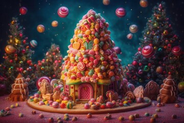 Photo of a festive Christmas tree made entirely of colorful candies and sweets created with Generative AI technology