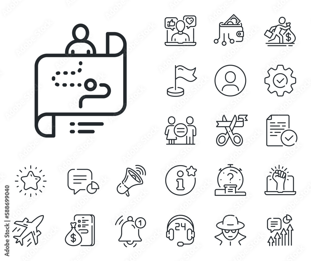 Poster project process sign. salaryman, gender equality and alert bell outline icons. journey path map line