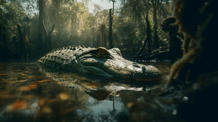 Obraz premium The Life of Freshwater Crocodiles. Generative AI