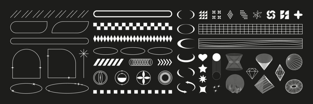 Set of geometric shapes in black color. 00s Y2k retro futuristic aesthetic, psychedelic rave style. Trendy design elements for banners, social media, poster design, packaging.