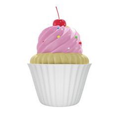 Strawberry Cupcake with red cherry, food, birthday, party, for mockup template, Premium Quality, PNG, decoration,  3d, illustration, view render, hd, alpha background, format, new year