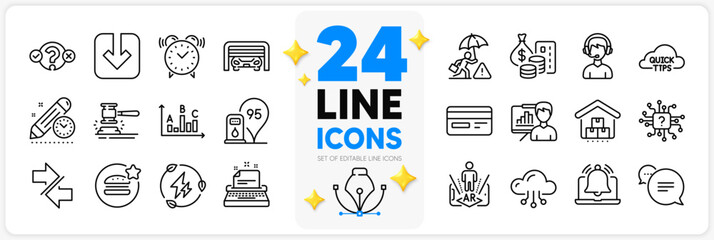 Icons set of Reminder, Presentation board and Parking garage line icons pack for app with Cloud computing, Text message, Auction hammer thin outline icon. Survey results. Design with 3d stars. Vector
