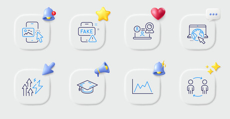 Phone image, Internet and Diagram line icons. Buttons with 3d bell, chat speech, cursor. Pack of Fake news, Workflow, Energy inflation icon. Video conference, Graduation cap pictogram. Vector
