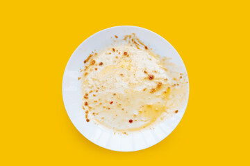 Dirty dish on yellow background. Top view