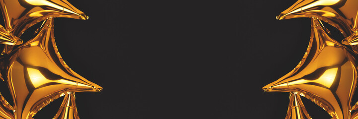 Banner with frame made of golden star balloons on a black background. Creative composition.