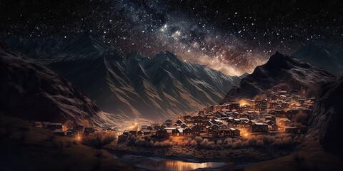 Fototapeta na wymiar Mountain village in the summertime under a starry sky. Generative AI
