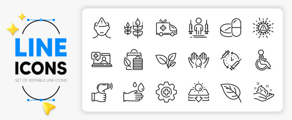 Mental health, Medicine and Wash hands line icons set for app include Bio shopping, Disability, Coronavirus injections outline thin icon. Gluten free, Skin care, Medical drugs pictogram icon. Vector