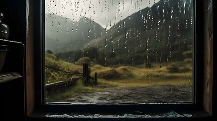 Rain drops on the window, mountain view in the background