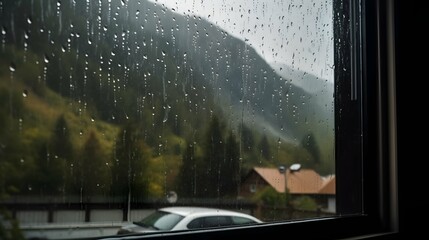 Rain drops on the window, mountain view in the background