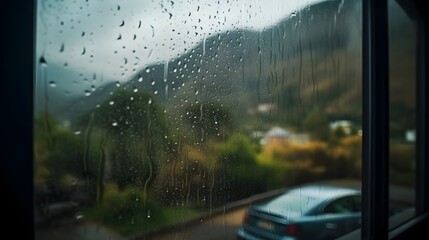 Rain drops on the window, mountain view in the background