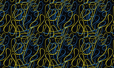 Abstract background with curved lines in blue and yellow colors on a black background