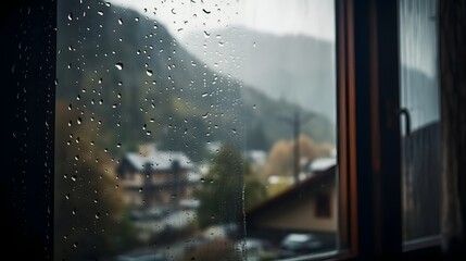 Rain drops on the window, mountain view in the background