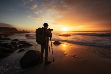 Image of a photographer taking pictures on a beach at sunset.