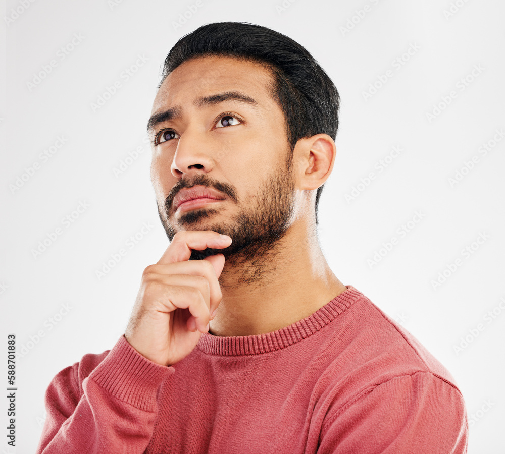 Aufkleber serious man, thinking face and ideas in studio, white background and vision of mindset, planning and