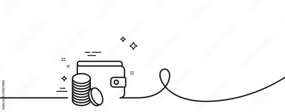 Poster wallet with coins line icon. continuous one line with curl. cash money sign. payment method symbol. 