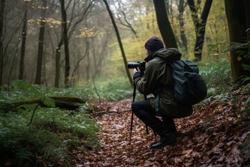 Image of a photographer taking pictures of a woodland waterfall at sunset.