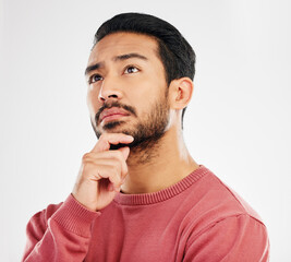 Serious man, thinking face and ideas in studio, white background and vision of mindset, planning...