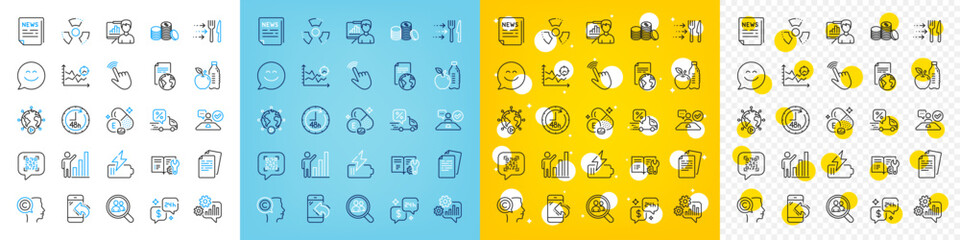 Vector icons set of Search employees, Fake news and Documents line icons pack for web with Food delivery, Presentation board, Job interview outline icon. Battery, Cogwheel. Vector