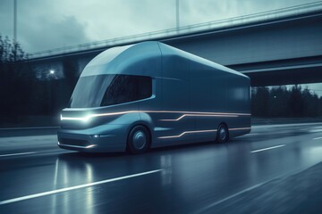 Fototapeta na wymiar Futuristic Electric Camper on a Freeway - EV Concept