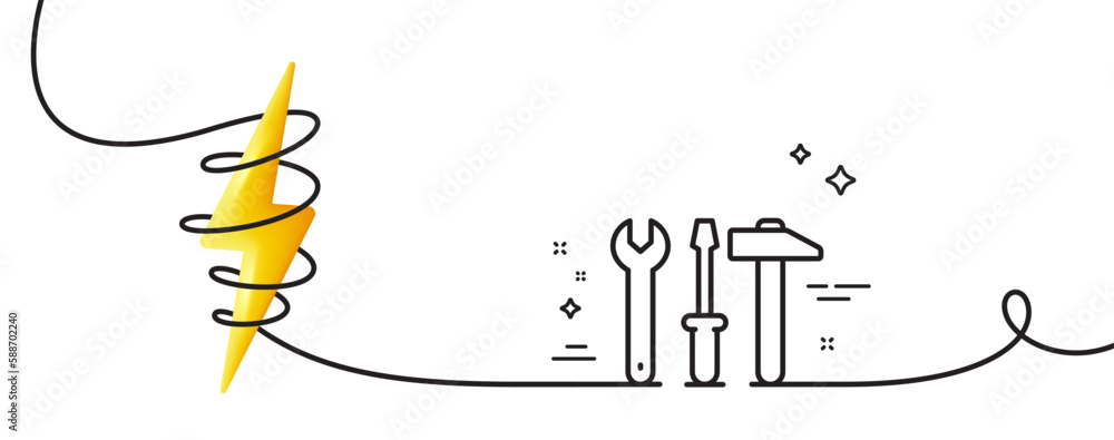 Poster spanner, hammer and screwdriver line icon. continuous one line with curl. repair service sign. fix i