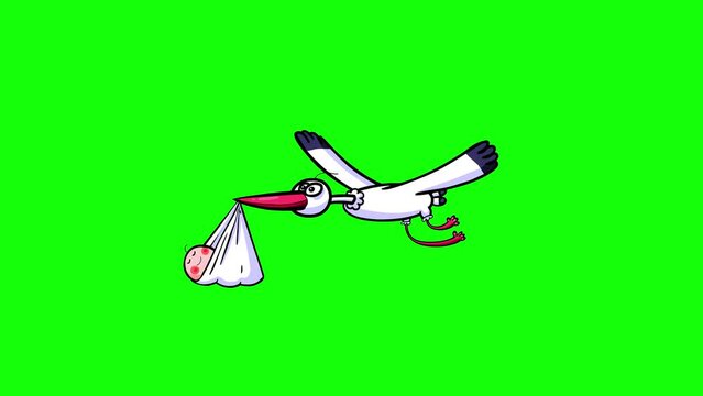 Cartoon stork with smiling baby flying on green screen. Big bird good for any film material. Greenbox chroma key keyable, seamless loop.