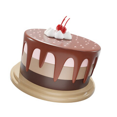 Chocolate cake with red cherry, food, birthday, party, for mockup template, Premium Quality, PNG, decoration,  3d, illustration, view render, hd, alpha background, format, new year