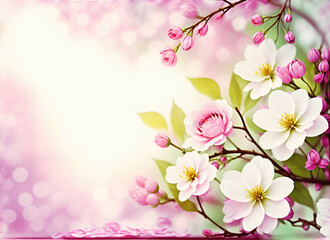Fototapeta na wymiar Fresh branch of white and pink flowers on a light pastel background. Empty space for text