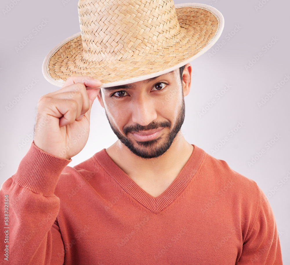 Poster happy, stylish and portrait of an asian man with a hat isolated on a white background in a studio. f