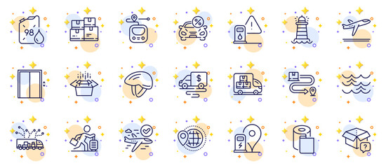 Outline set of Paper wallpaper, Confirmed flight and Petrol canister line icons for web app. Include Petrol station, Cash transit, Metro pictogram icons. Bicycle helmet. Circles with 3d stars. Vector