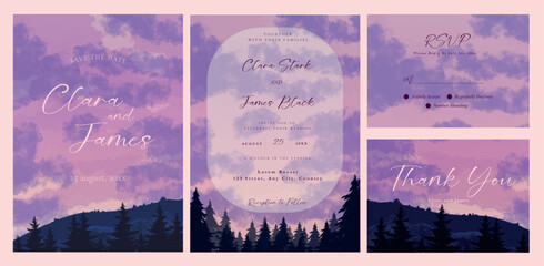 wedding invitation watercolor purple sunset with mountain silhouette