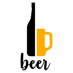 Logo cervecería. Letras palabra beer en texto manuscrito con silueta de botella de cerveza y jarra de cerveza