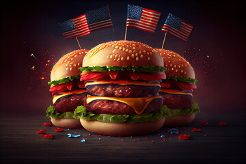 american hamburger with america flag. Generative Ai