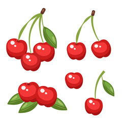 Set of vector fresh red cherries with leaves isolated on a white background. Cute cartoon illustration of organic food. Berry collection