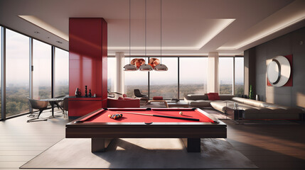 internal design with pool table in a amazing penthouse living room, 3d render, generative ai