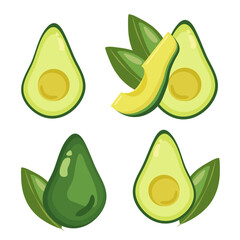 Set of vector fresh avocados with leaves isolated on a white background. Cute cartoon illustration of organic food. Avocado collection