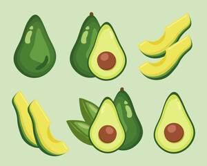 Set of vector fresh avocados with leaves isolated on a green background. Cute cartoon illustration of organic food. Avocado collection
