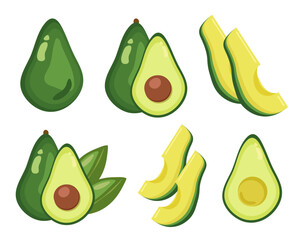 Set of vector fresh avocados with leaves isolated on a white background. Cute cartoon illustration of organic food. Avocado collection