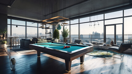 internal design with pool table in a amazing penthouse living room, 3d render, generative ai