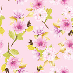 Fototapeta na wymiar cherry blossom floral summer and spring seamless pattern