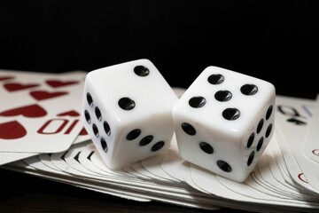 Closeup shot of gambling dice and playing cards on a wooden table